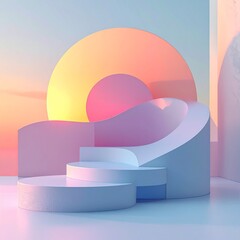 Abstract Geometric Stage with Pastel Sunset Backdrop and Soft Lighting - Perfect for Product Display and Modern Design