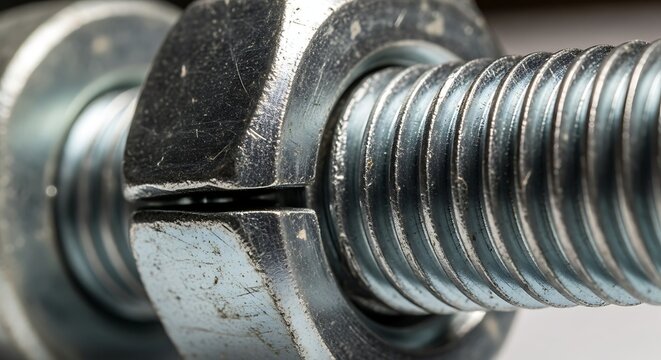 Close-up of a threaded bolt and nut, showcasing industrial fasteners and mechanical components