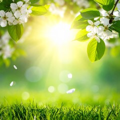 Vibrant spring morning with fresh white blossoms on tree branches, illuminated by golden sunlight streaming through lush green leaves, creating a serene and natural background
