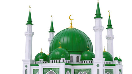 Modern Mosque with Green Domes and Minarets