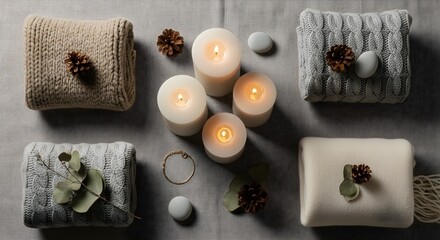 Cozy Winter Evening with Lit Candles and Knitted Blankets.
