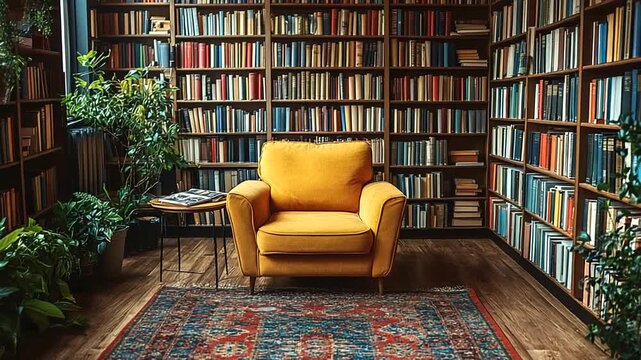 Cozy reading nook with yellow chair and bookshelves