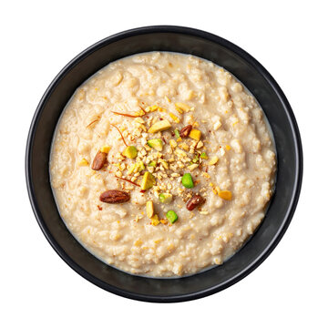 A hearty serving of jareesh porridge with seasoned onions, a wholesome meal isolated on a clean white background