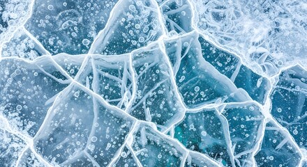 Cracked Ice Surface with Bubbles and Light Blue Hues.