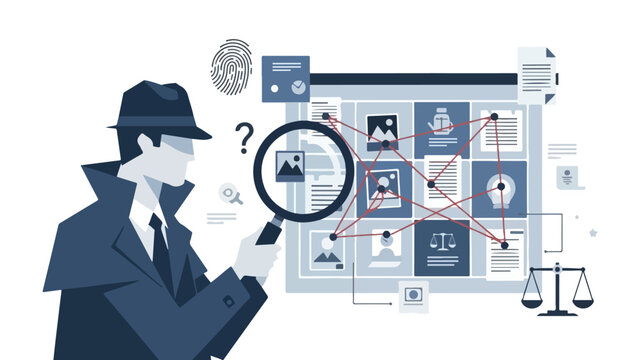 A detective in a trench coat and fedora examines a flowchart with a magnifying glass, analyzing connections between profiles on a large screen with a questioning expression, against a clean