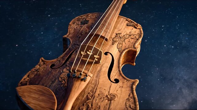 Close-up of intricately carved violin set against a starry, dark night