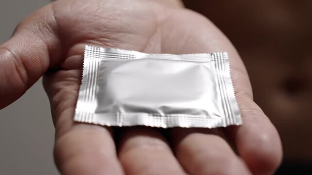 Presenting Unopened Condom in Hand Close Up Slow Motion. Suitable for Sexual Health, Safe Sex, Education and Relationships Communication Resources.