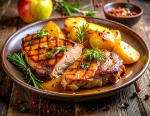 Roasted pork chops and potatoes on a brown plate with rosemary, an apple and spices on a rustic wood surface