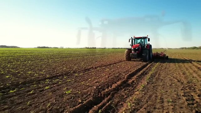 Modern agricultural tractor diligently tilling a vast, fertile field under a radiant sky, showcasing efficient farming practices essential for food production and sustainable industry