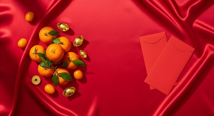Chinese New Year Celebration with Tangerines and Red Envelopes on Silk Fabric.