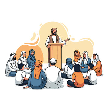 An illustrated Islamic scholar with a beard and turban lectures a diverse group of attentive men women and children.