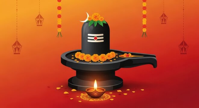 Traditional lord shiva shivling puja with diya and marigold flowers on a vibrant background