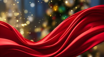 Elegant Red Silk Fabric Flowing with Festive Bokeh Lights.
