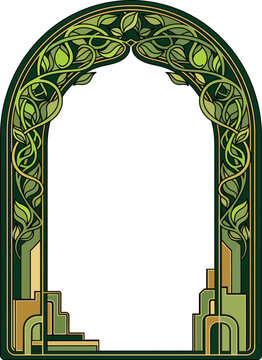 Elegant green arched frame with intricate Art Nouveau leaf patterns and a geometric Art Deco base.