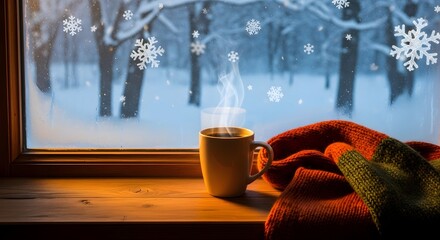 Cozy Winter Window Scene with Steaming Mug and Scarf.