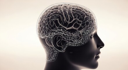 Obraz premium Human head with brain visible black silhouette and white neural network side profile thinking intelligence cognition mental health concept neuroscience psychology brain function neural connections