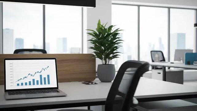 Office Workspace with Laptop Displaying Financial Data Analysis.