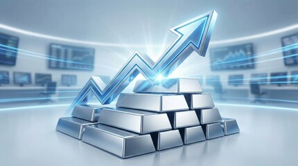 Silver Bars with Upward Arrow Representing Market Growth
