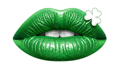 Green glittery lips with shamrock icon isolated on transparent background
