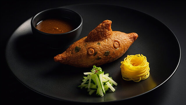 Elegant plating of Indonesian fish cakes with dark vinegar sauce, noodles, and cucumber on a minimalist black plate