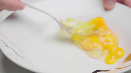 Slow-motion close-up of two raw eggs being mixed with a fork in a white bowl.