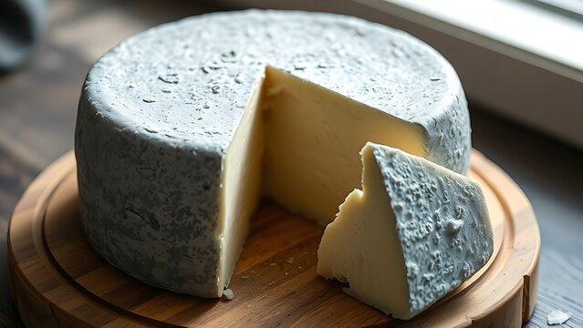 tomme. A round cheese on a board with a slice cut away. menu design, packaging mockups, recipe cards, designed for culinary blogs and recipe cards for restaurants, used by bi analysts.