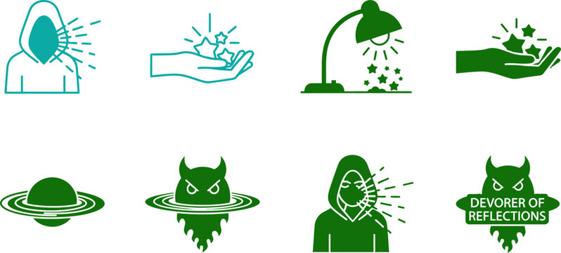 Green and blue of lightbulb head, hand with stars, lamp with stars, hand with star, planet, owl, person with light, and devourer