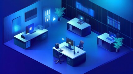 Modern Office Space with Computers and Desks.