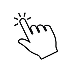 Obraz premium Black and white vector icon of a hand cursor clicking. Minimalist outline illustration of a finger touching a screen or button, symbolizing digital interaction, selection, and web navigation.