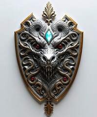 heraldic shield featuring a dragon, chrome, silver, and jewels