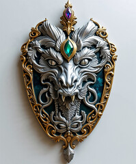 heraldic shield featuring a dragon, chrome, silver, and jewels