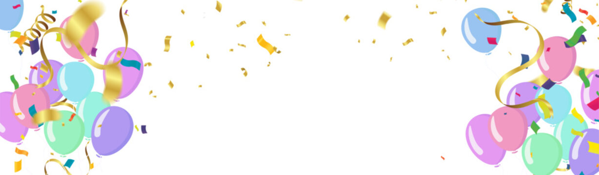 Pastel colorful balloons with golden streamers and falling confetti  horizontal banner for birthday party baby shower