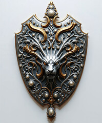 heraldic shield featuring a dragon, chrome, silver, and jewels