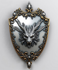 heraldic shield featuring a dragon, chrome, silver, and jewels