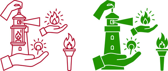 Obraz premium Red and green lighthouse and torch with flames and hands