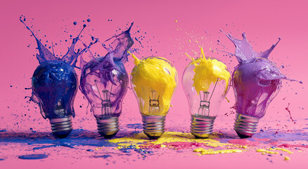 4 light bulbs with splashes of paint in the colors blue,