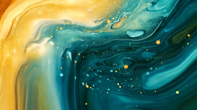 Dynamic flow of vibrant abstract paint swirls with rich blue and golden tones