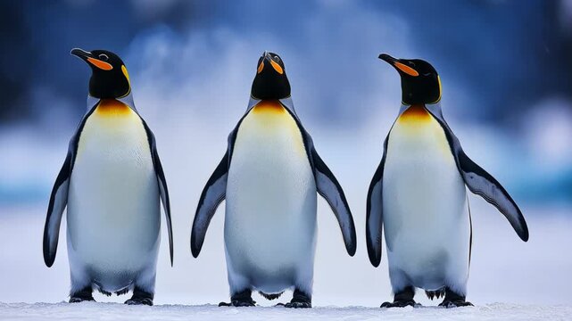 Four playful penguins waddle together in icy landscape amidst snowy backdrop