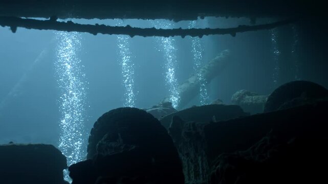 This image captures a scuba diver exploring the densely packed cargo holds of the SS Thistlegorm, specifically focusing on the transport vehicles.