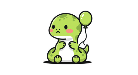 Obraz premium Cartoon dinosaur holding green balloon