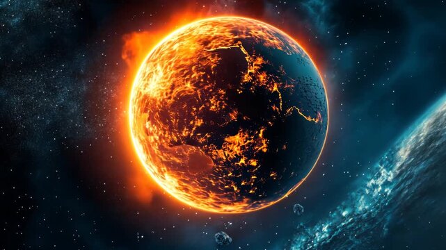 Fiery planetary rotation with glowing orb and cosmic background in space