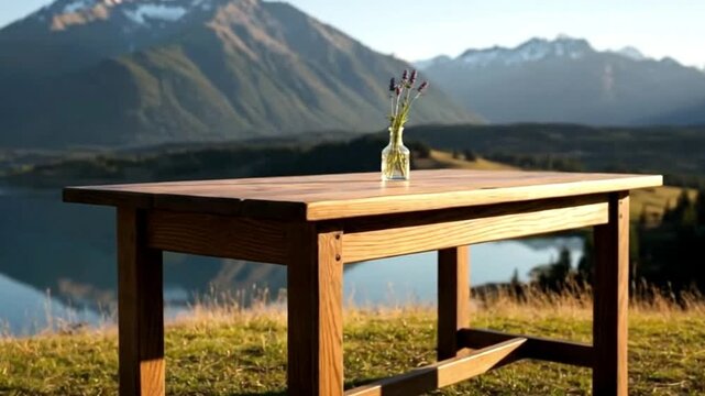 A beautiful rustic wooden table stands gracefully in a serene outdoor setting, overlooking a breathtaking natural landscape. A delicate glass vase containing fresh lavender flowers adds a touch of sim