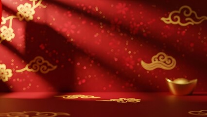 Naklejka premium Chinese New Year background with red walls, gold clouds, traditional ornaments, and sunlight for product display