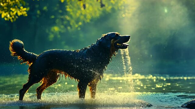 Joyful dog romps through sunlit forest stream splashes with water droplets