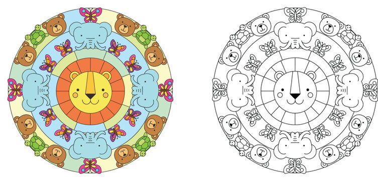 Animal Mandala Coloring Page for Kids with Lion Elephant Bear and Turtle, Educational Activity Worksheet for Children, Cute Cartoon Style Vector Illustration, Printable Mandala Art Template