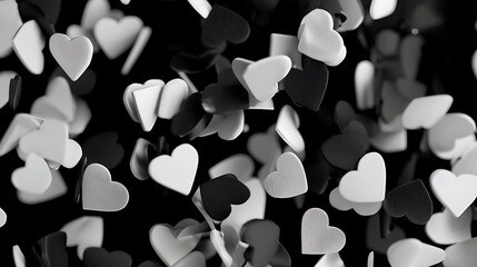 Dynamic Cascade of Greyscale Heart Confetti Representing Love and Celebration