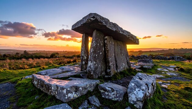 Stone dolmen stands tall at sunset; a gray sky with orange hues paints a picturesque scene of nature and history
