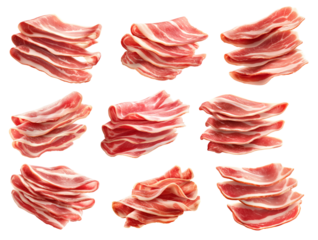 Set of Slices of raw pork bacon Speck with marbled fat isolated on white transparent background, representing cured meat preparation.
