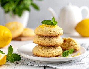 Stacked lemon cookies sit on a white plate with mint garnish, with lemons and a teapot in a soft-focus background