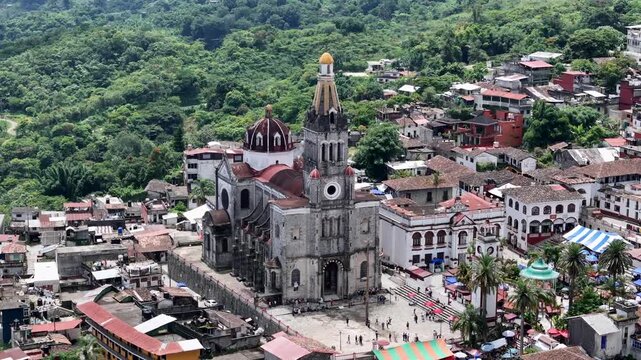 Impressive Jarritos Mexican church in Cuetzalan village. Aerial at day time